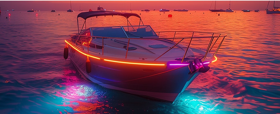 Speedboat with orange LED underglow strip lighting reflecting on water at sunset in harbor, surrounded by other boats.