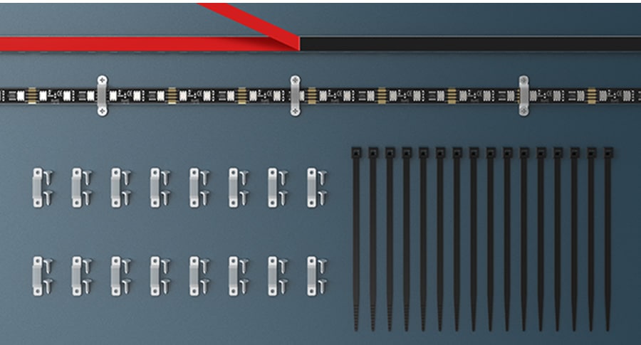 Close-up of DITRIO's LED strip kit components, including mounting clips, cable ties, and control unit for car underglow installation.