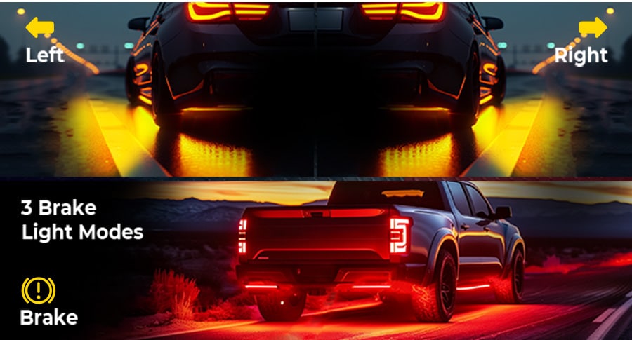 Car rear view showcasing DITRIO's underglow LED strip with turn signal and brake light modes for enhanced visibility.