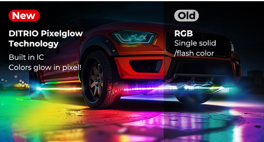 Side-by-side comparison of new DITRIO Pixelglow technology vs old RGB single color underglow lighting on cars.