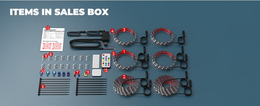 Layout of all underglow LED strip kit contents in sales box, including LED strips, remote control, and installation accessories.