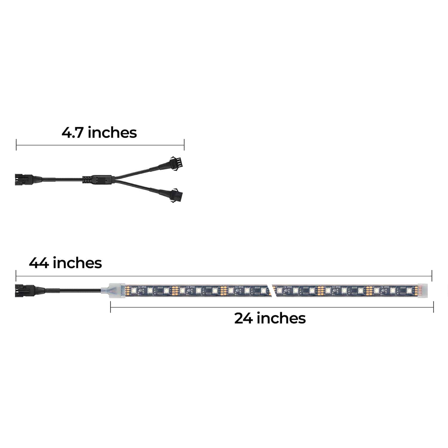 A size chart shows the length of a smart RGB LED strip for motorcycles, include that of a Y splitter.