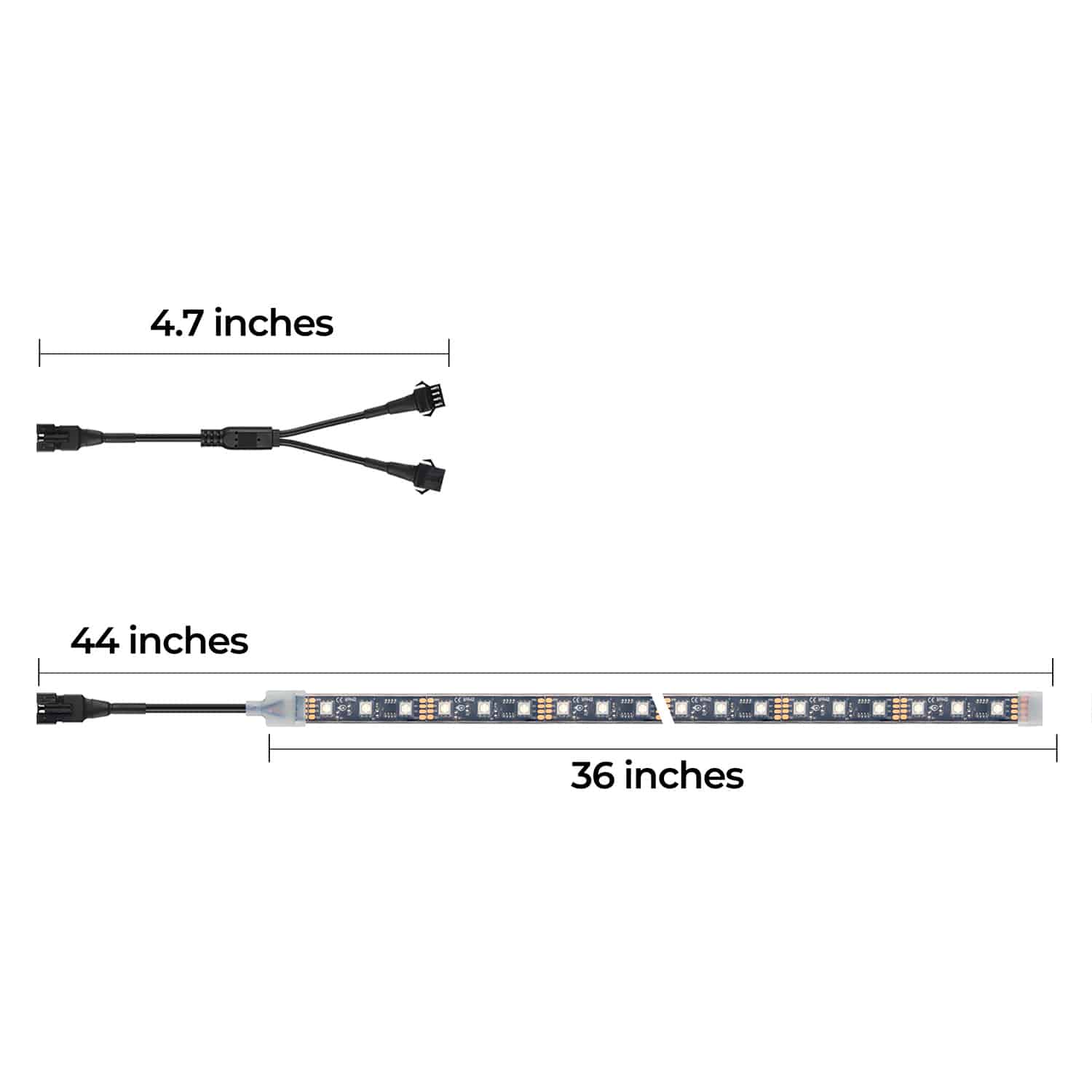 A size chart indicates the length of addressable an underglow 5050 LED strip, and that of the 2-way splitter.