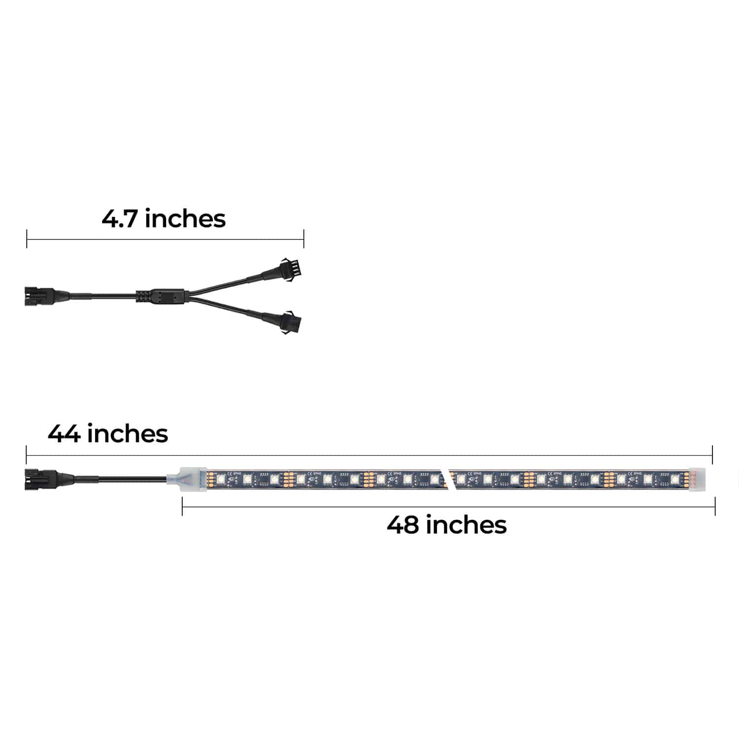 A size chart indicates the length of an addressable underglow LED strip for bikes and that of a 2-way splitter.