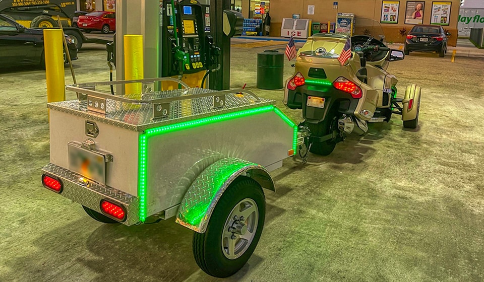 Green Underglow LED Strips on Trike with Trailer