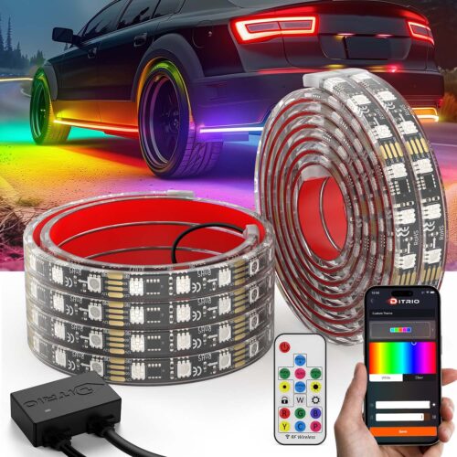 Multicolor RGB LED strip kit installed as car underglow, displaying vibrant red, blue, and purple lights on black vehicle