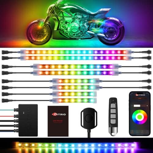 Pixelglow M8AP motorcycle LED kit with vibrant lighting colors illuminating a sports bike, showcasing customizable lighting effects.