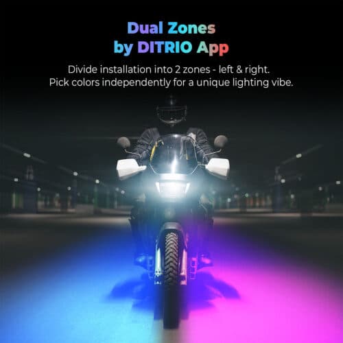 Motorcycle with blue and pink underglow, demonstrating Pixelglow's dual zone lighting for customized night riding ambiance.