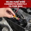 Close-up of LED underglow kit's inline fuse wire being connected directly to vehicle fuse box for power and safety