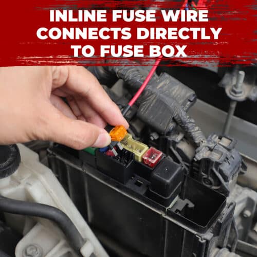 Close-up of LED underglow kit's inline fuse wire being connected directly to vehicle fuse box for power and safety