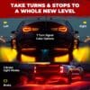 Car underglow LED strips demonstrating left turn signal and brake light modes with yellow and red illumination