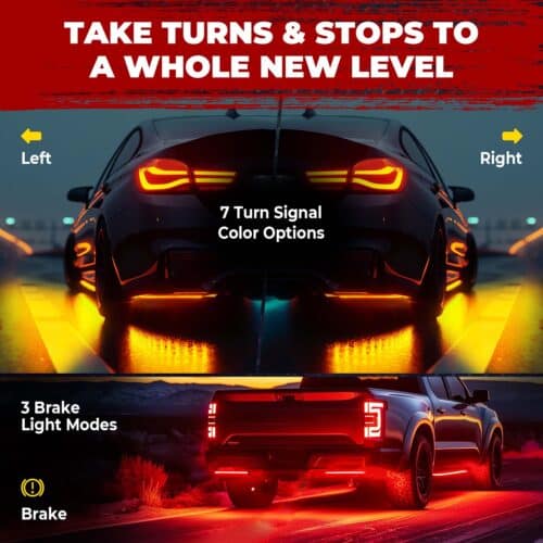 Car underglow LED strips demonstrating left turn signal and brake light modes with yellow and red illumination