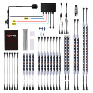 Complete DITRIO Pixelglow M18AP motorcycle LED kit components laid out. They include a control box, LED strips, and color-coded wiring harness.