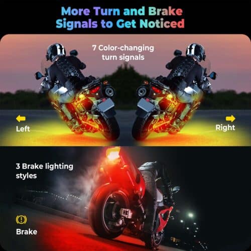A motorcycle with colorful LED turn signals and bright red brake lighting, illustrating Pixelglow's enhanced safety features.