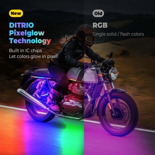 Comparison of Pixelglow with built-in IC chips vs old RGB LEDs, showing more vibrant and customizable motorcycle lighting.