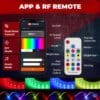 Smartphone app and RF remote control interfaces for customizing underglow LED light colors, modes, and settings