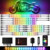 Sport motorcycle transformed with DITRIO Pixelglow M18AP underglow kit, displaying vibrant addressable RGB LED light patterns across chassis.