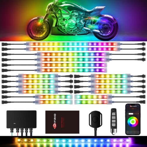 Sport motorcycle transformed with DITRIO Pixelglow M18AP underglow kit, displaying vibrant addressable RGB LED light patterns across chassis.