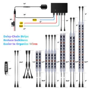 Mounting guide for DITRIO Pixelglow M12AP, specifying wire lengths for left, right, and brake light connections on motorcycles.