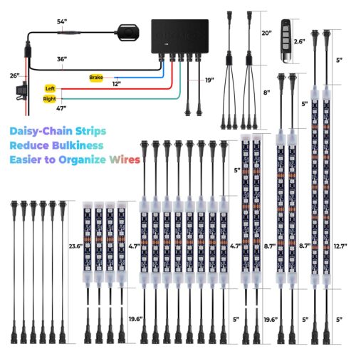Measurement for DITRIO Pixelglow M18AP LED strips, showing daisy-chain configuration.