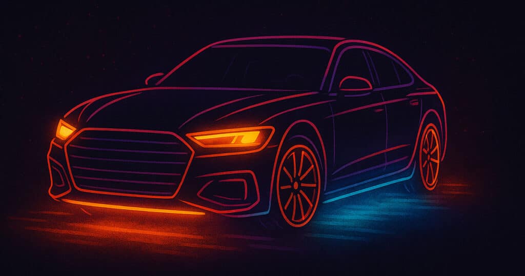 Beginner guide to car underglow LED strip kit installation showing sedan with orange and blue ground lighting effects