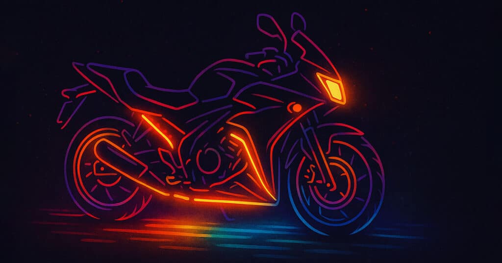 Sport motorcycle with colorful LED underglow lighting kit displaying orange and blue ground effects at night